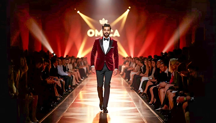 Male model walking runway at Omica Mr. India International fashion and fitness pageant