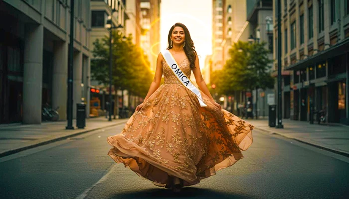 Confident beauty pageant contestant showcasing mindset and grace on street