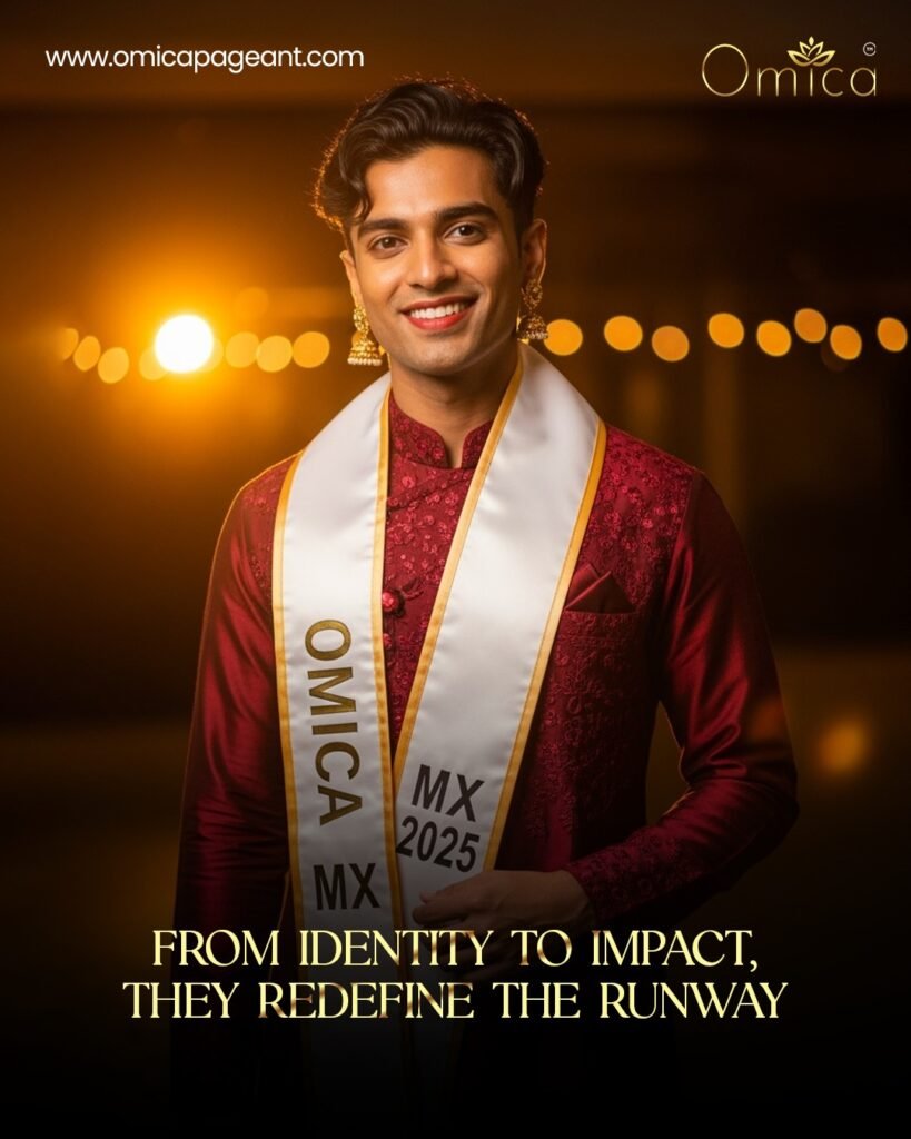 Smiling OMICA Mx India 2025 contestant wearing sash, standing under warm stage lights at pageant event