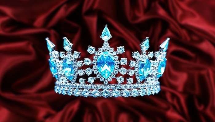 Omica Beauty Pageant Crown 2025 with blue gemstones on red velvet background