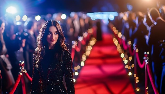 Confident woman walking on red carpet runway at a beauty pageant event.