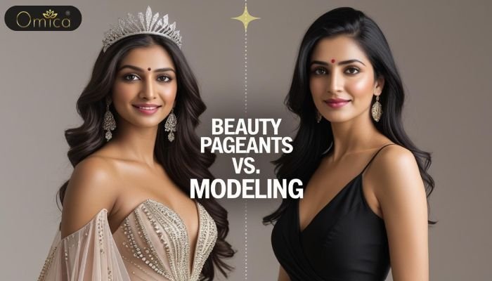 Two beautiful Indian women representing beauty pageants vs modeling, standing side by side with confident smiles, wearing elegant outfits and statement earrings.