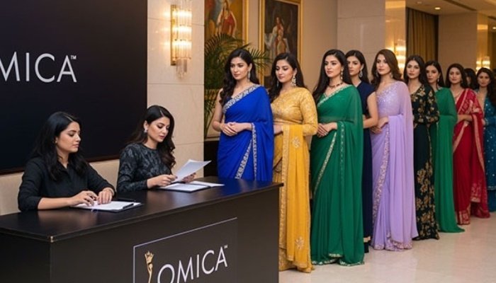 Contestants registering for OMICA Mrs. India beauty pageant 2025 in traditional sarees.