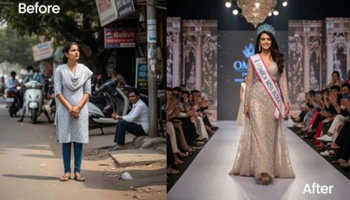 Before and after transformation of a woman through beauty pageants, showing personal growth, confidence, and success at Omica Miss India.