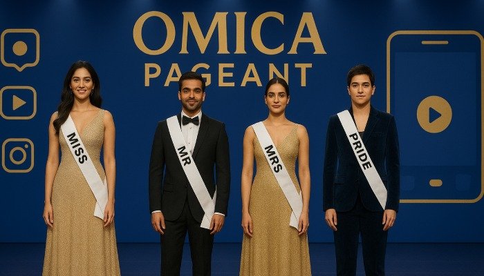 Indian beauty pageant contestants wearing sashes on a modern OMICA Pageant stage with social media icons and livestream screen.