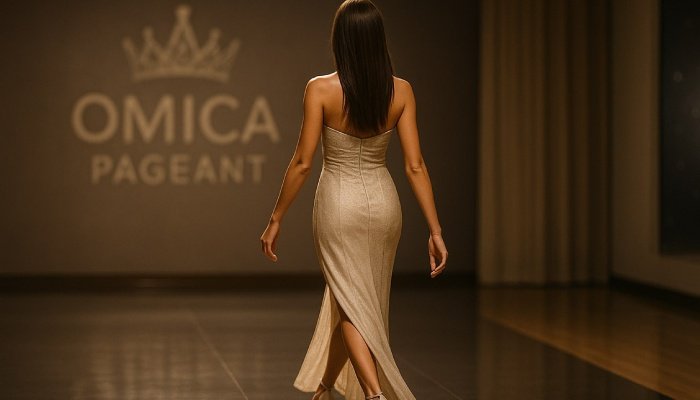 Woman practicing runway walk at Omica Pageant training room