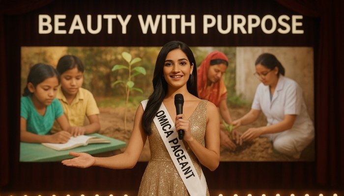 beauty with Purpose contestant on Omica Pageant stage with sash and social impact theme