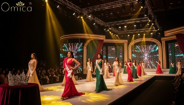 Contestants on stage during a grand beauty pageant showcasing gowns and crowns