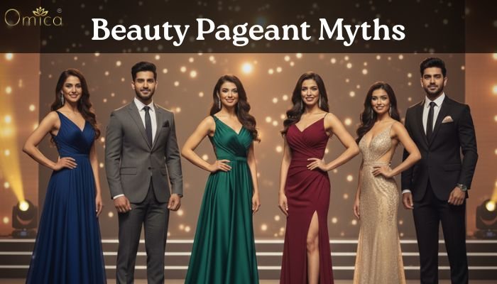 Indian men and women standing confidently on a beauty pageant stage under golden lights, symbolizing inclusivity and confidence in modern pageantry.