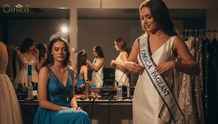 Beauty pageant contestants backstage, one adjusting "Omica Pageant" sash, another in deep thought, reflecting nerves and determination before competition.